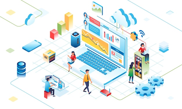 Illustrazione isometrica dell'attività digitale cloud sulla metafora di internet delle persone che lavorano nel cloud