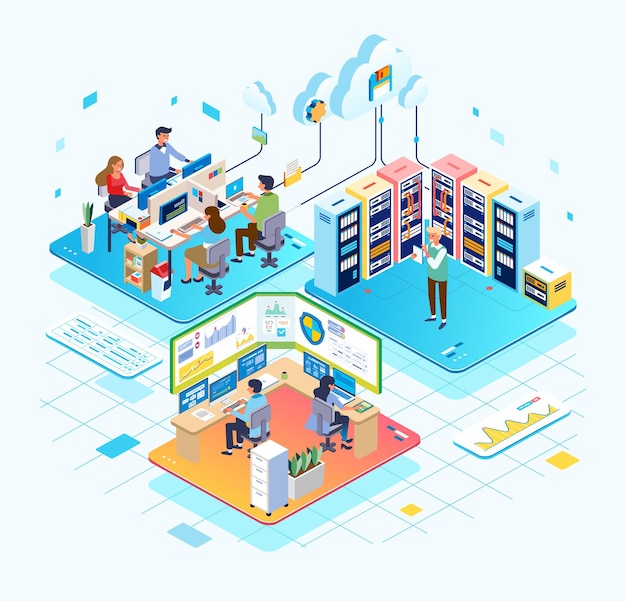 isometric illustration of cloud service database control administrator working in control room