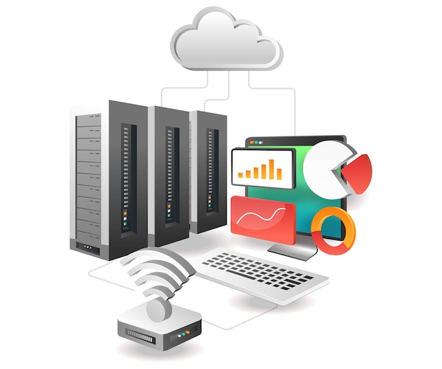 Concetto di illustrazione isometrica rete di analisi del server cloud