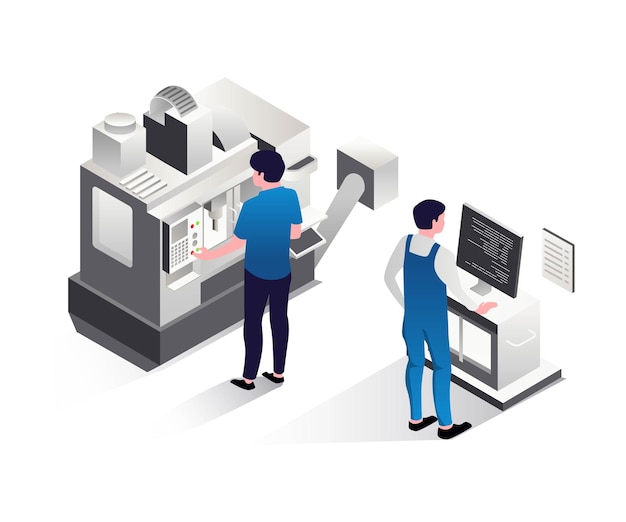 Isometric illustration concept cnc machine operator and programmer