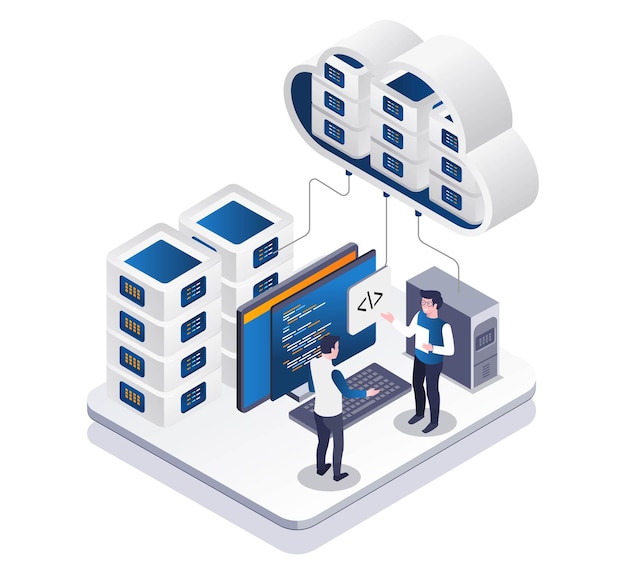 Isometric illustration concept discussion about cloud server technology