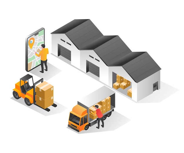 Vector isometric illustration concept goods delivery warehouse application map