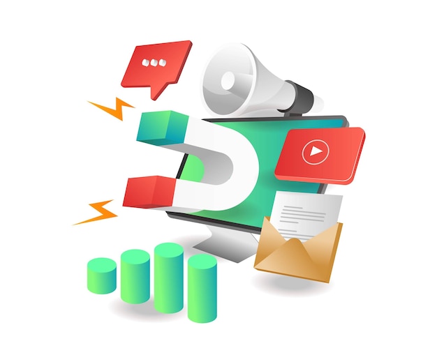 isometric illustration concept magnet digital marketing strategy