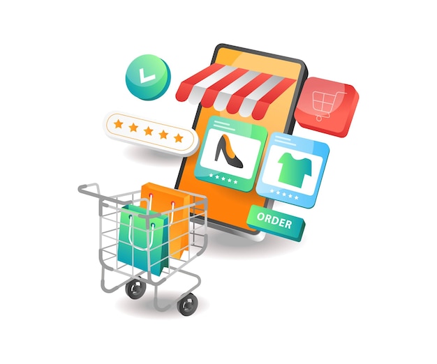 Vettore concetto di illustrazione isometrica lo shopping online acquista merci su smartphone