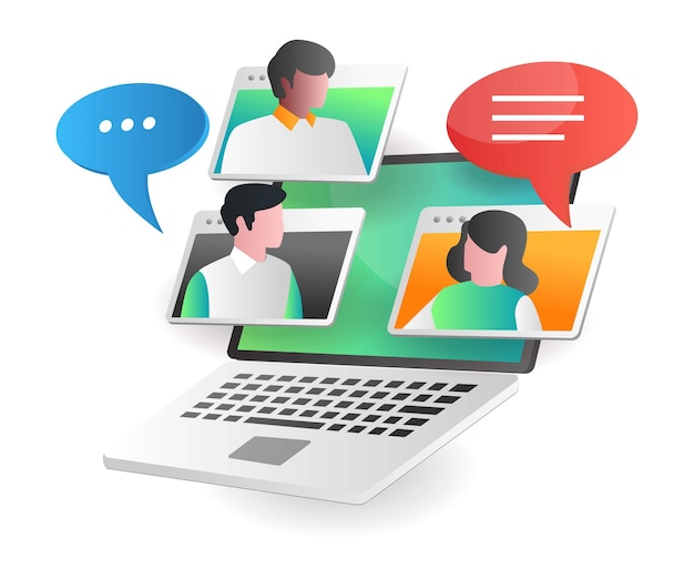 Vector isometric illustration concept team doing virtual meeting with video call