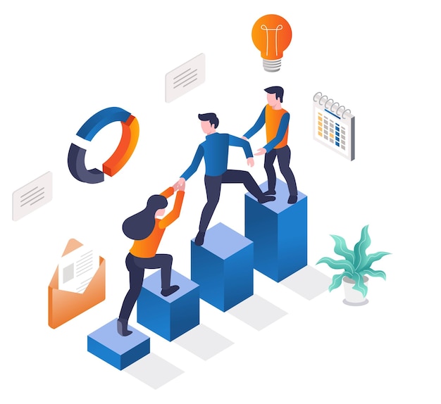 Vector isometric illustration concept of a team working together for success