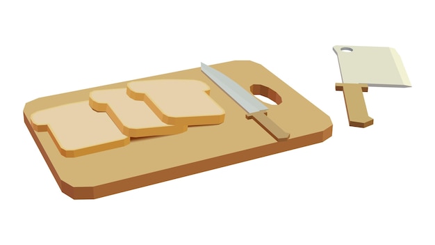 isometric illustration of cutting board, kitchen knife. Sliced pieces of bread on a wooden board