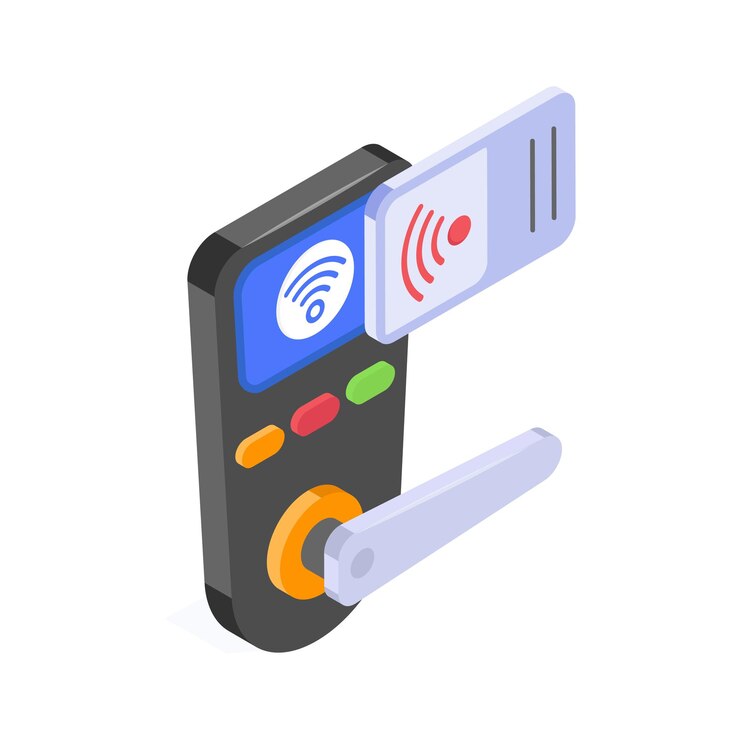 Vector isometric illustration depicts a modern wireless hotel door lock system