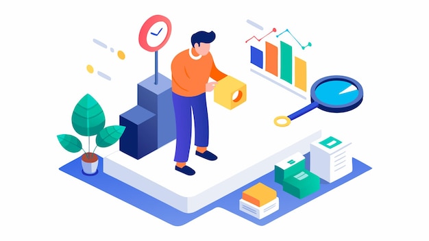 isometric illustration design concept analyze data and search seo optimization flat illustration design