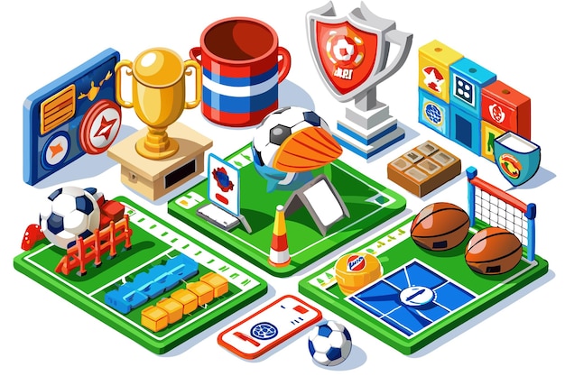 isometric illustration of different sports elements