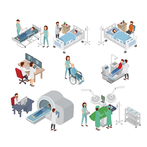 isometric illustration of doctor and patient on hospital