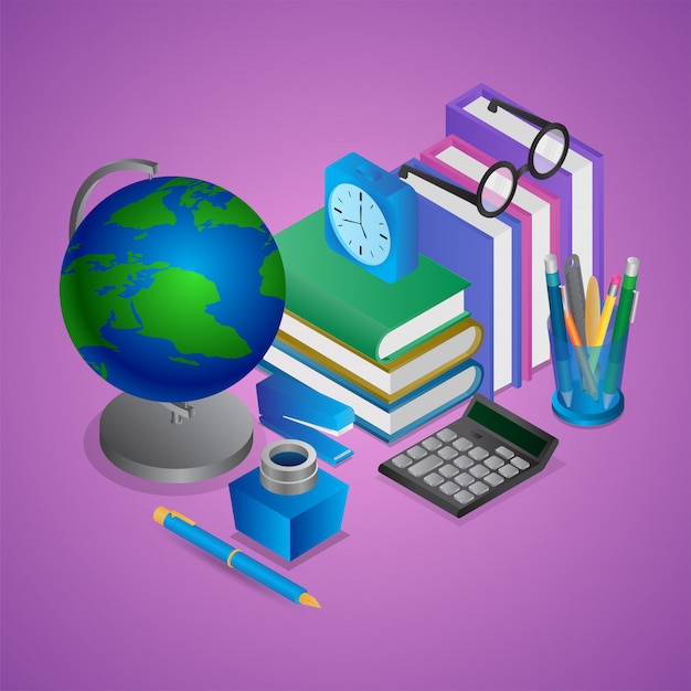 Vector isometric illustration of education or office element like as world globe, books, pen holder, calculator, alarm clock