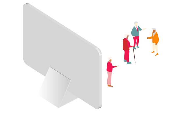 Isometric Illustration of Elderly People and Connecting Devices in a Futuristic Healthcare Setting