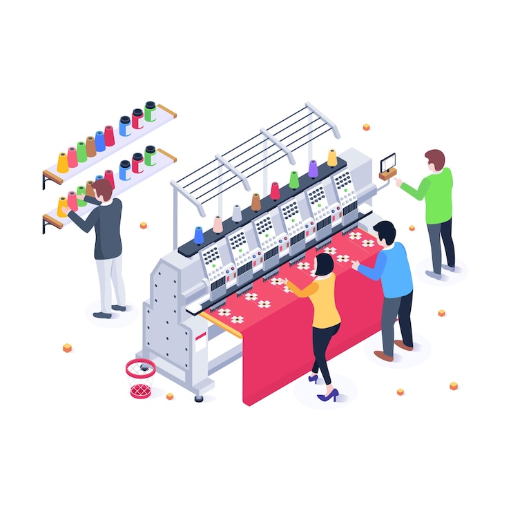 Vector isometric illustration of embroidery machine with editable facility