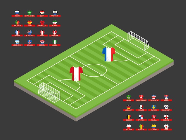 Illustrazione isometrica del campo di calcio con magliette brulicanti