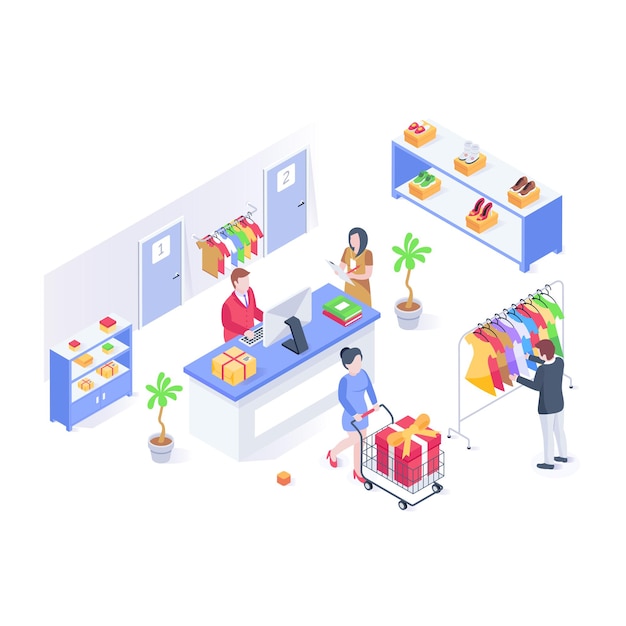 Isometric illustration of gadget shop electronic devices in a shop