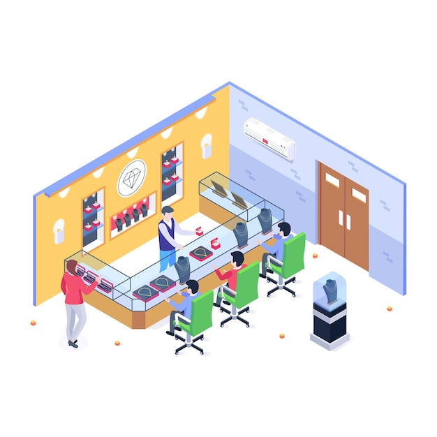 Vector isometric illustration of gadget shop electronic devices in a shop