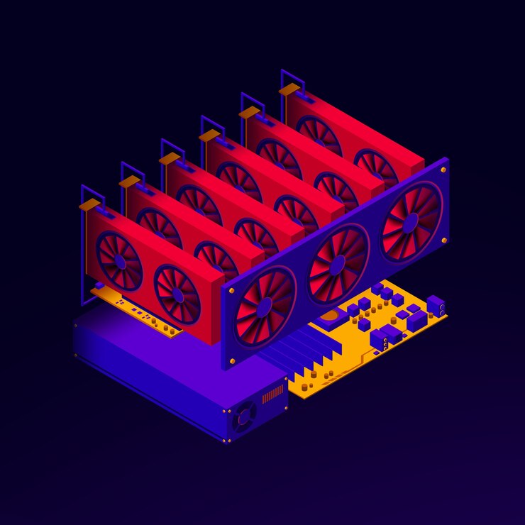Vector isometric illustration of graphic cards rig for cryptocurrency mining farm