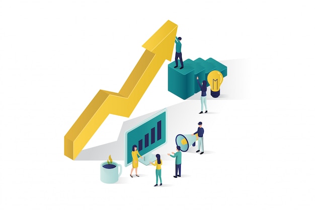 Illustrazione isometrica che un gruppo di personaggi sta preparando un progetto imprenditoriale. ascesa della carriera al successo, business isometrico, analisi aziendale