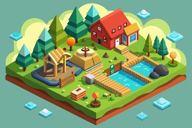 Isometric illustration of a house and pond in the countryside Blueprint illustration of a complex mechanical structure