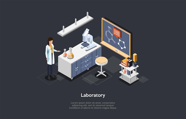 Vector isometric illustration of laboratory indoors design elements with female scientist character in white robe