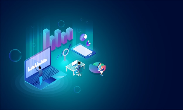 Vector isometric illustration of man analysis data on laptop.