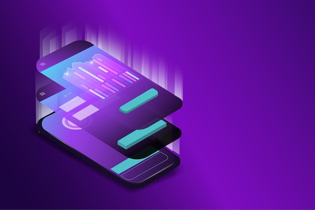 Isometric illustration of a mobile technological interface Gradient purple background Vector