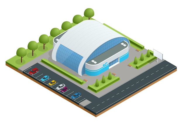 isometric illustration of modern building swimming pool for water sports, swimming, diving, underwater sports, water polo, underwater rugby, synchronized swimming, etc. competition pools. vector