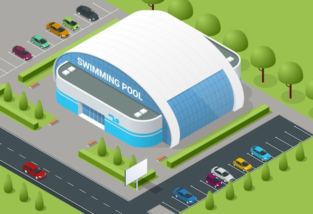 isometric illustration of modern building swimming pool for water sports, swimming, diving, underwater sports, water polo, underwater rugby, synchronized swimming, etc. competition pools.