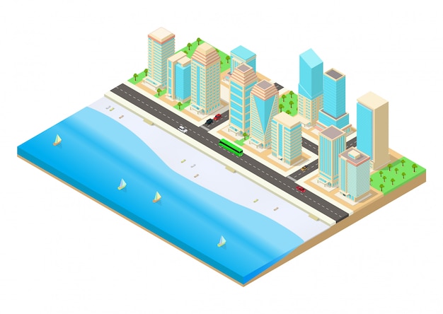 海辺の横にある都市の等角投影図