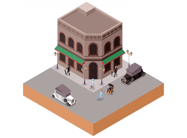 Isometric illustration old classic vintage european style building as bar or cafe on the corner of street