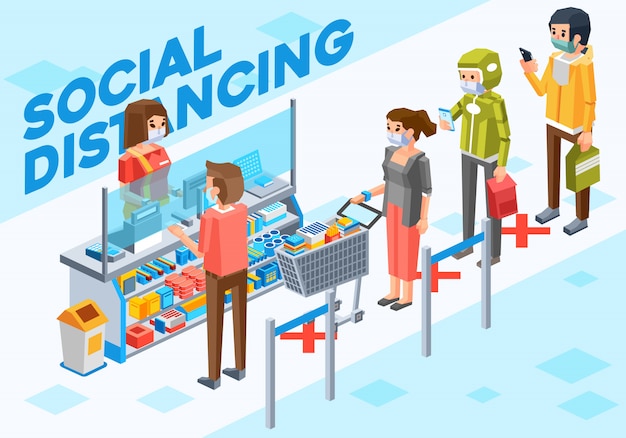 Изометрическая иллюстрация людей, делающих социальные дистанцирования, когда они делают платеж в кассе в супермаркете