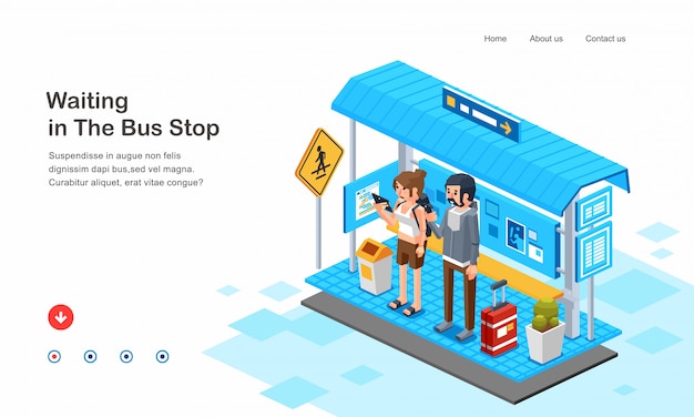Isometric illustration of people man and women waiting bus in bus stop