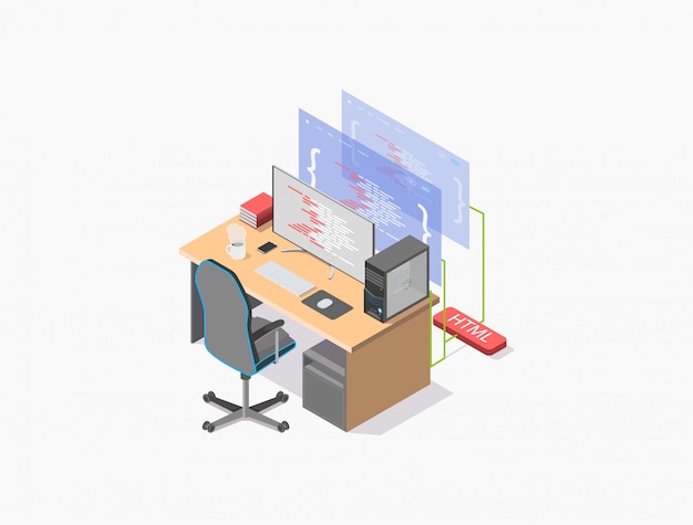 Vector isometric illustration of a programmer's workplace, a computer desk on which there is a monitor and a computer on which the source code of a web page