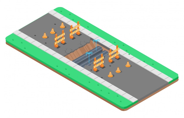 Vector isometric illustration of repair of asphalt road