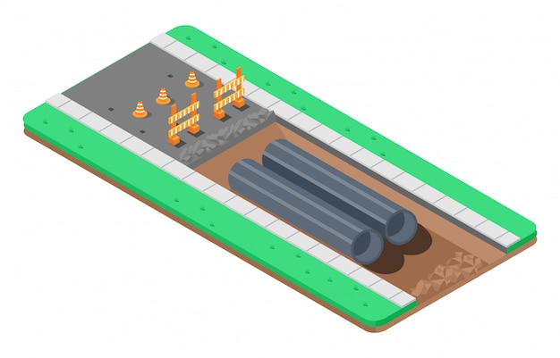 Vector isometric illustration of repair of asphalt road