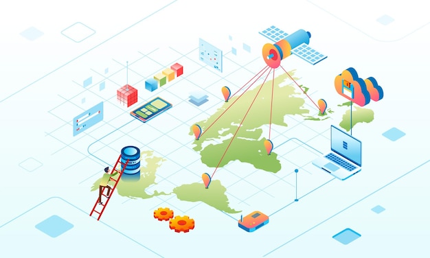 Vettore illustrazione isometrica della connessione di rete dati satellitare nel database cloud