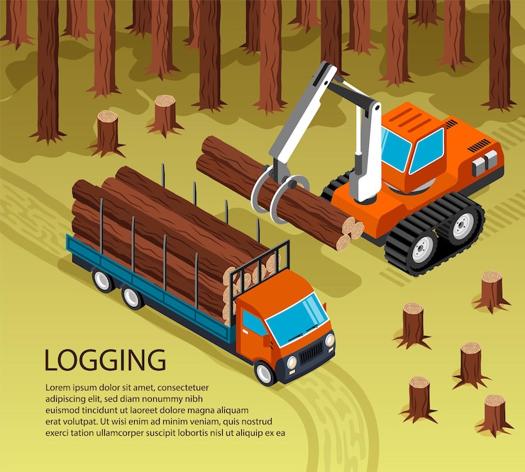 Vector isometric illustration of sawmill woodworking in outdoor forest scenery