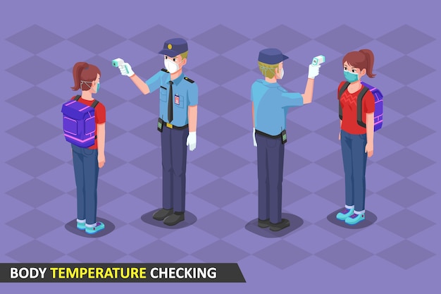 Vector isometric illustration, security checking body temperature with thermogun