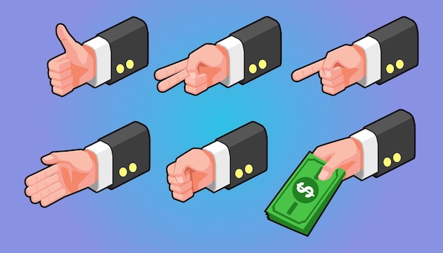 Vector isometric illustration, set of gestures hands of businessman