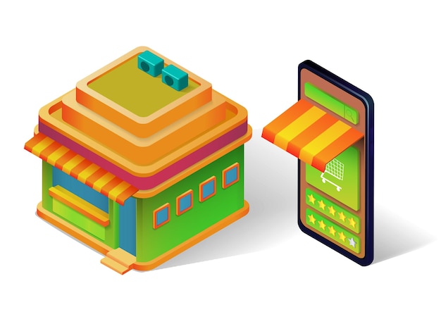 Isometric illustration of shop building and online shop on smartphone