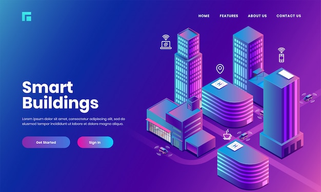 Isometric illustration of skyscraper buildings with technology devices through internet network, internet of socila media service app for smart building concept based landing page design