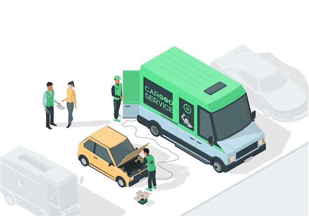 Isometric illustration on the theme of repair car with broken car, service truck, mechanics and client.