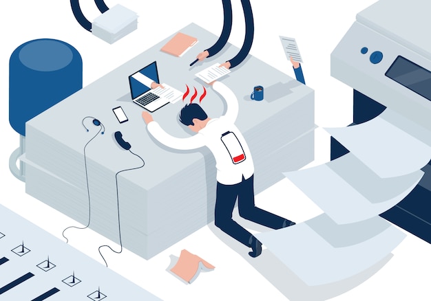 Isometric illustration on the theme of stress at work. emotional burnout man with low battery.