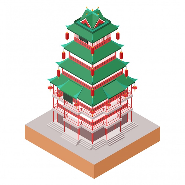 Isometric  illustration of traditional chinese architectural building in yuyuan garden, old city of shanghai