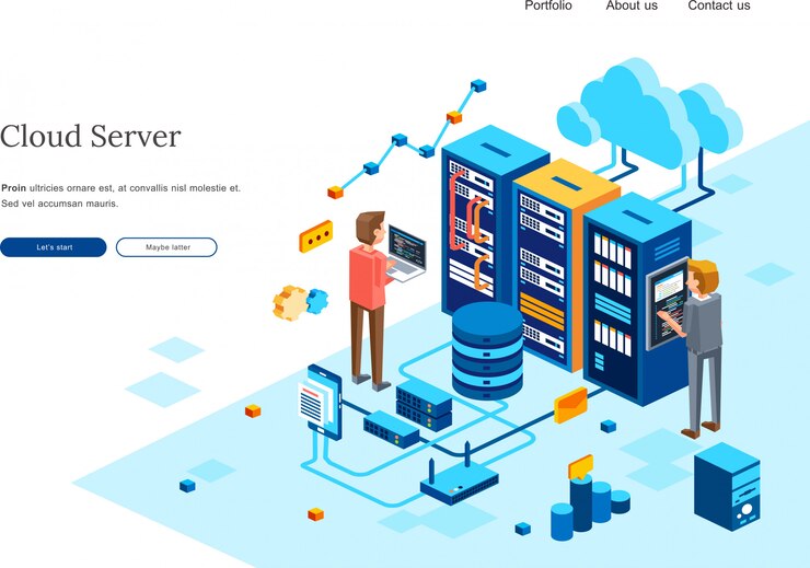 Vector isometric illustration of two people maintenance computer server in data center room. 3d isometric illustration  for homepage template