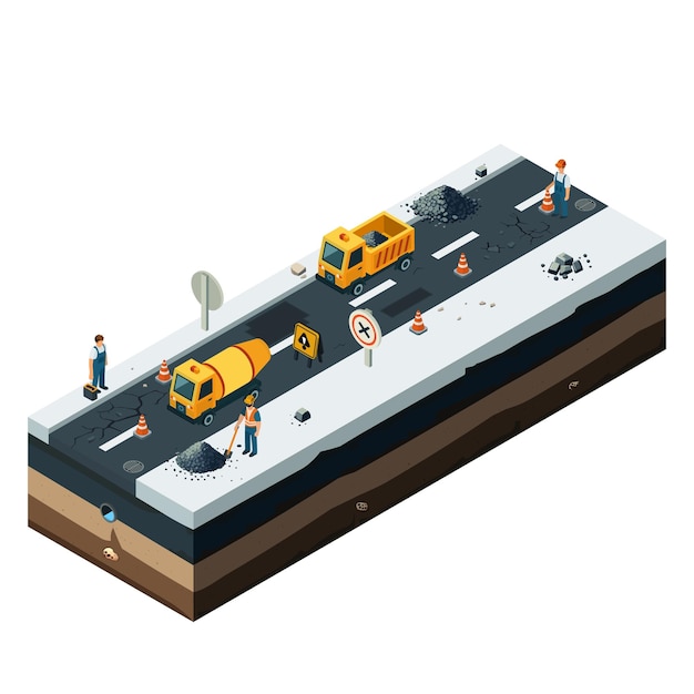 Vector isometric illustration of urban road maintenance and reconstruction