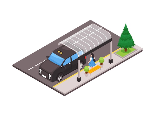 Vector isometric illustration with back view of woman at city bus shelter and black taxi car