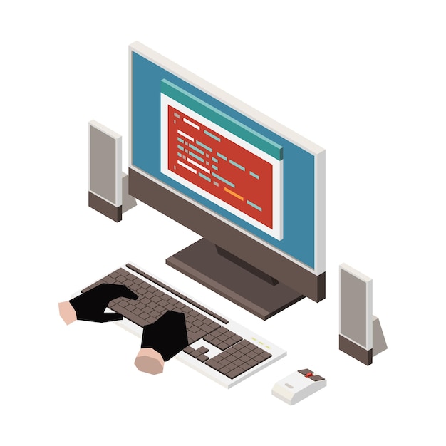 Vector isometric illustration with hacker hands in gloves trying to get personal information on computer