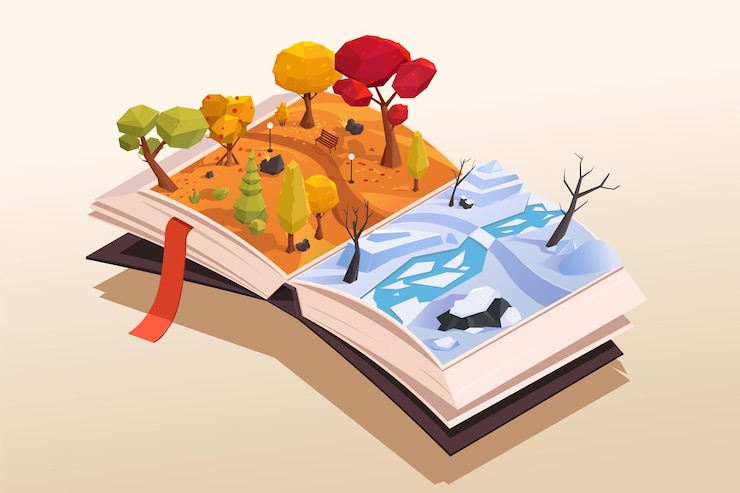 Isometric illustration with open book Off season winter with frozen river and snow in central park Cartoon cityscape landscape with autumn trees 3D design of reading storybook Vector illustration